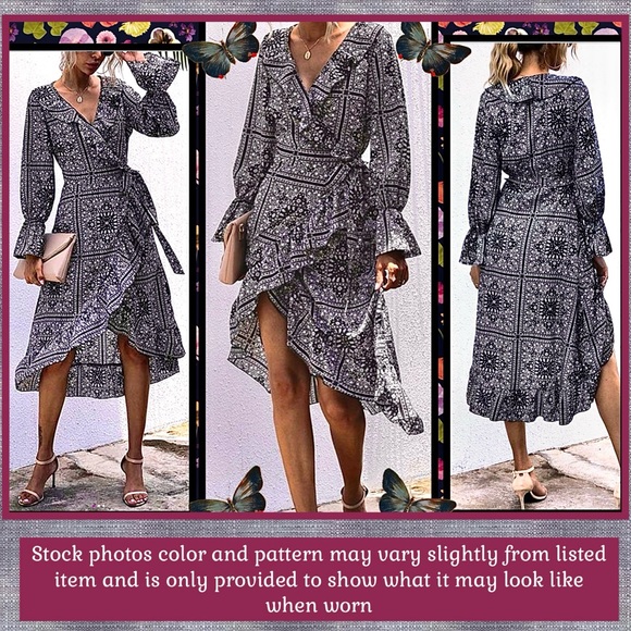 NWT S/M WRAP PRINT DRESS W ADJUSTABLE TIES RUFFLE TRIM ASYM HEM ~WORK-COCKTAILS~ - Picture 11 of 15